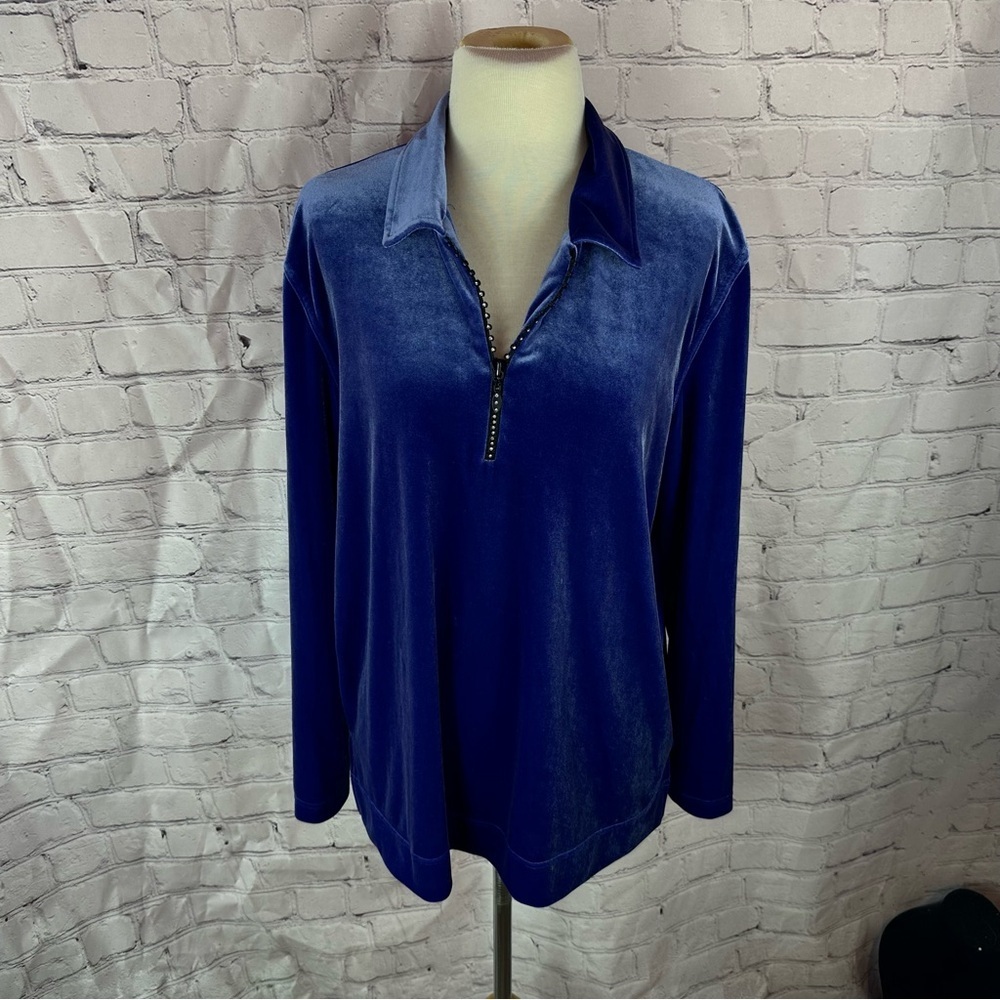 vtg Koret velour 1/4 zip rhinestone pullover tunic womens L Top granny glam